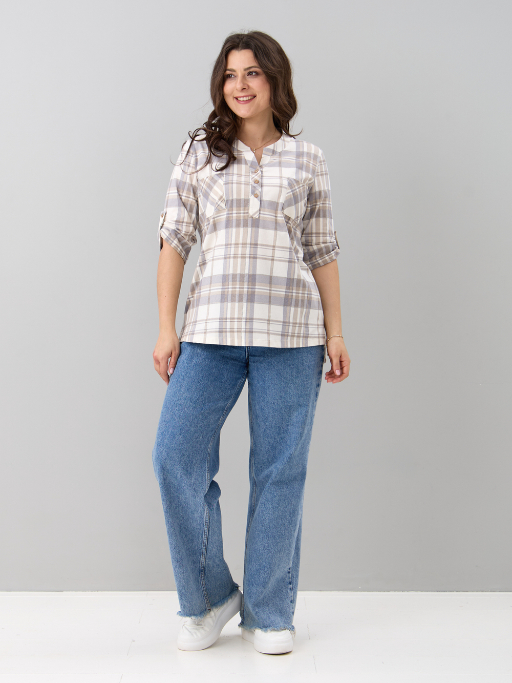 Блузка БЛ-131/клеткабеж-серебро