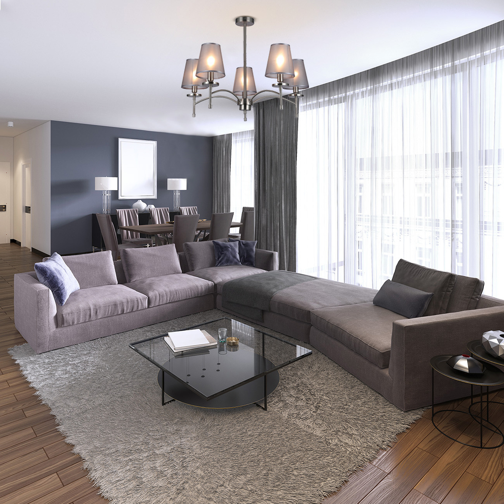 Светильник на штанге 5x40Вт E14, металл/ткань, никель/серый плафон