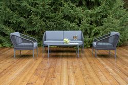 "Канны" лаунж-зона 4-местная (разборная) из роупа со столиком "Диего" цвета "серый гранит", роуп темно-серый круглый, ткань темно-серая