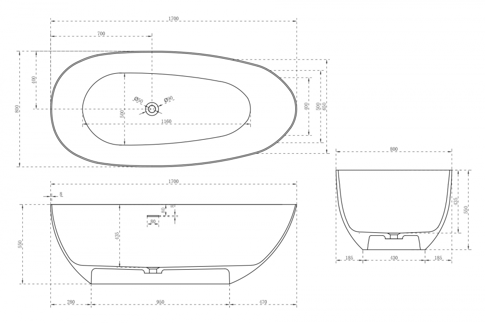 Ванна из искусственного камня ABBER Stein AS9611-1.7 белая матовая  170x80 см
