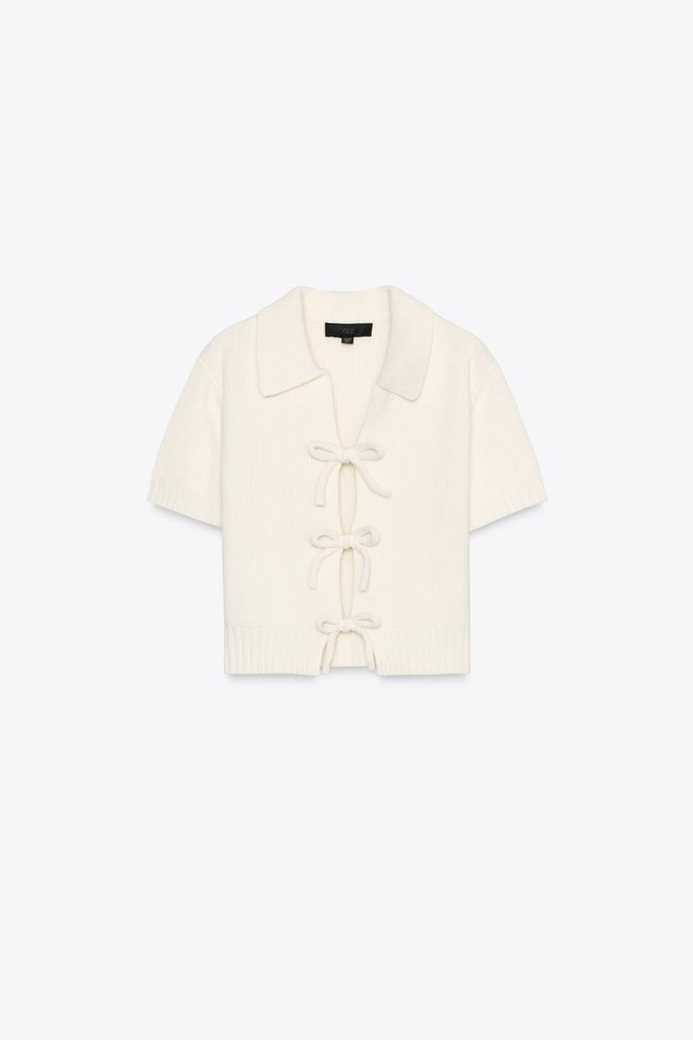 ZARA ТРИКОТАЖНЫЙ ТОП С БАНТАМИ, ЭКРЮ