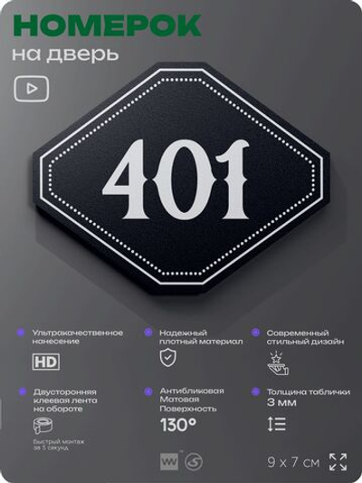 Номерок на дверь квартиры 401, для кабинета, офиса, шильдик 9 х 7 см, черный, Айдентика Технолоджи
