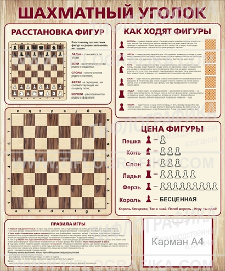 Информационный стенд "Шахматный уголок" 1200х1000 мм с карманом А4, ПВХ 3 мм
