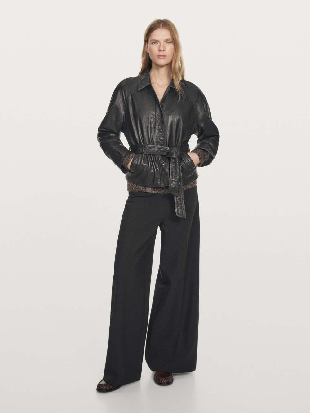 Massimo Dutti Куртка из кожи наппа с поясом, черный