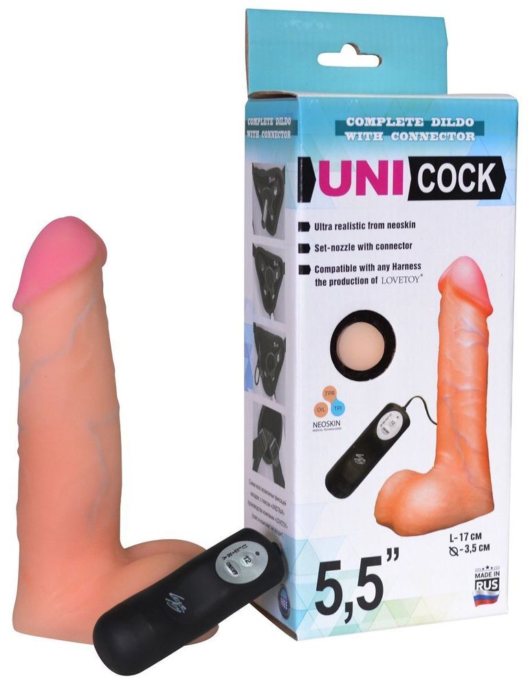 Фаллическая насадка Харнесс UNICOCK 5,5 с вибрацией - 17 см. (Цвет: телесный)