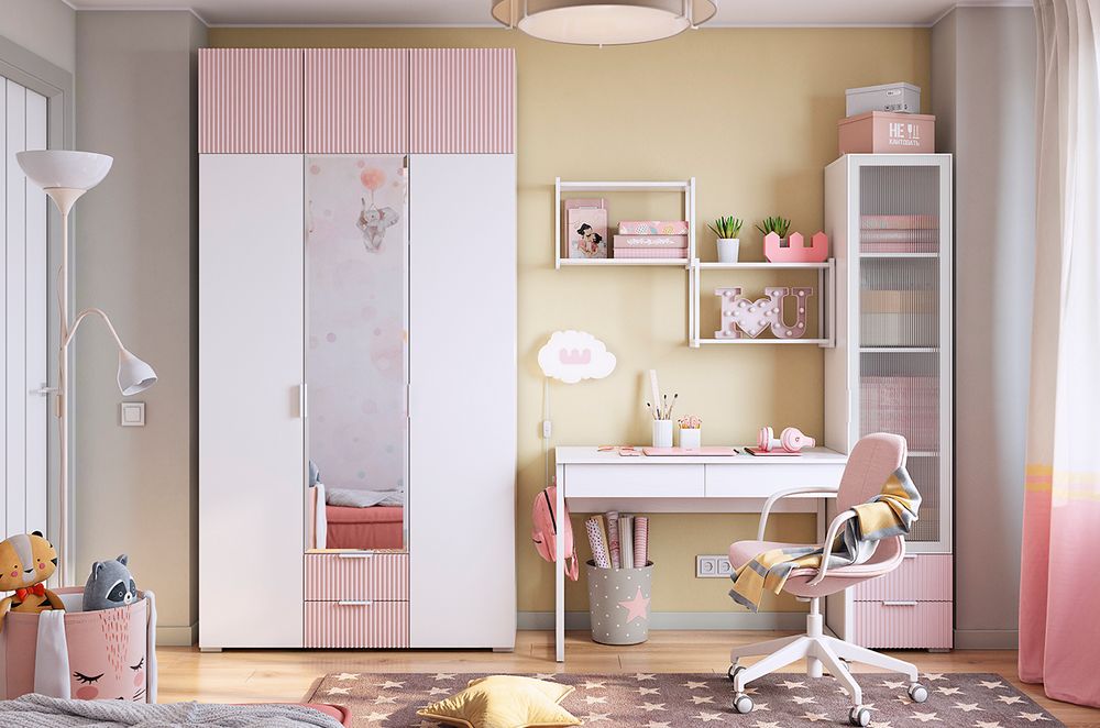 Антресоль "Зефир" трехдверная 119.01 (белое дерево/пудра розовая (эмаль))