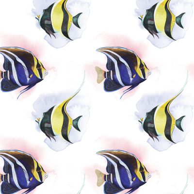 Тропические рыбки с акварельными пятнами