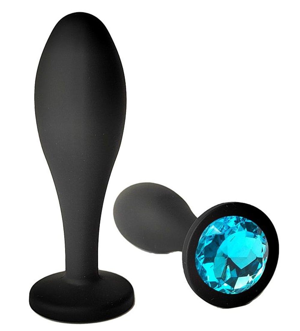 Черная анальная пробка с голубым кристаллом - 11 см. (Цвет: голубой)