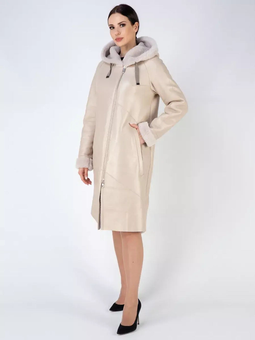 Дубленка зима натуральная удлиненная с капюшоном