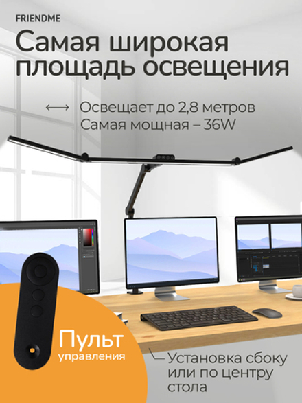 Светильник FRIENDME бестеневой настольный на струбцине светодиодный No. 13 черный с тройным источником света. Яркость - 2450 lum. 36W. С пультом