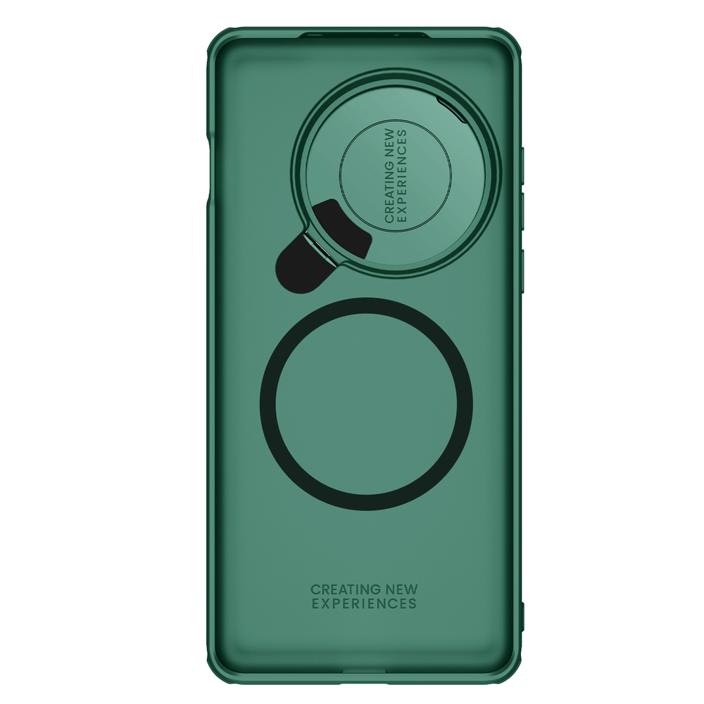 Чехол зеленого цвета (Dark Green) от Nillkin на OnePlus 13 с металлической откидной крышкой и поддержкой магнитной беспроводной зарядки MagSafe, серия CamShield Prop Magnetic Case
