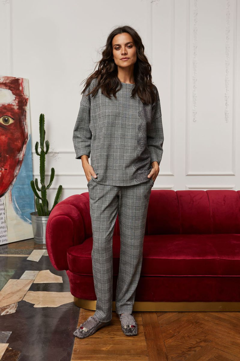 Элегантная домашняя блуза (Размер: M) (Цвет: черный с белым)