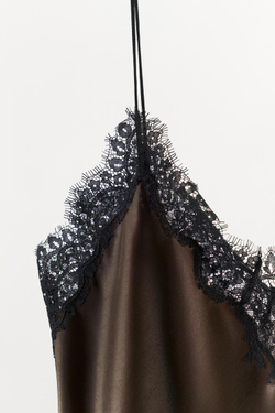 ZARA АТЛАСНЫЙ ТОП С КРУЖЕВОМ, ЗЕЛЕНЫЙ