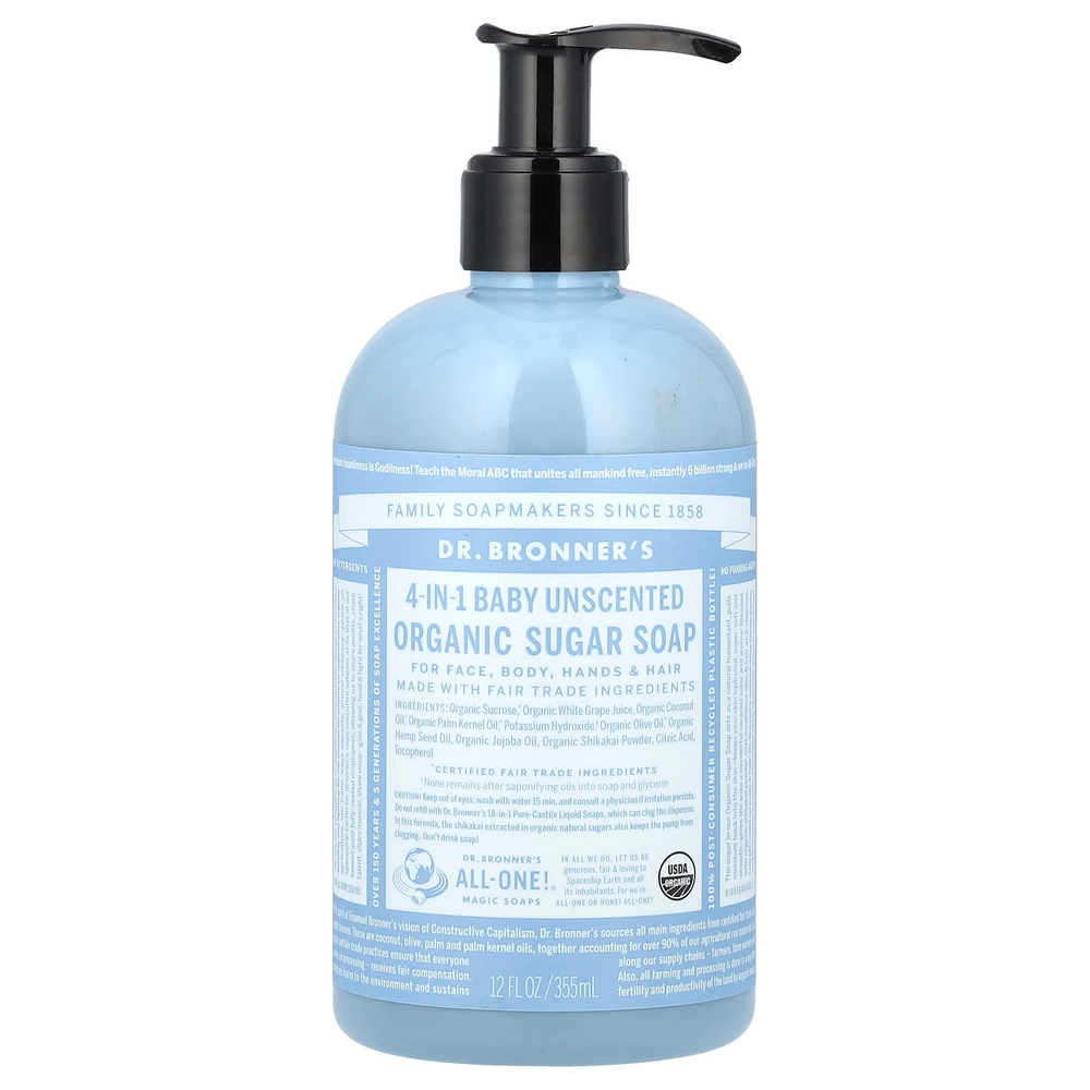 Dr. Bronner's, 4 в 1 органическое мыло с сахаром, для лица, тела, рук и волос, для детей, без запаха, 355 мл (12 жидк. унций)