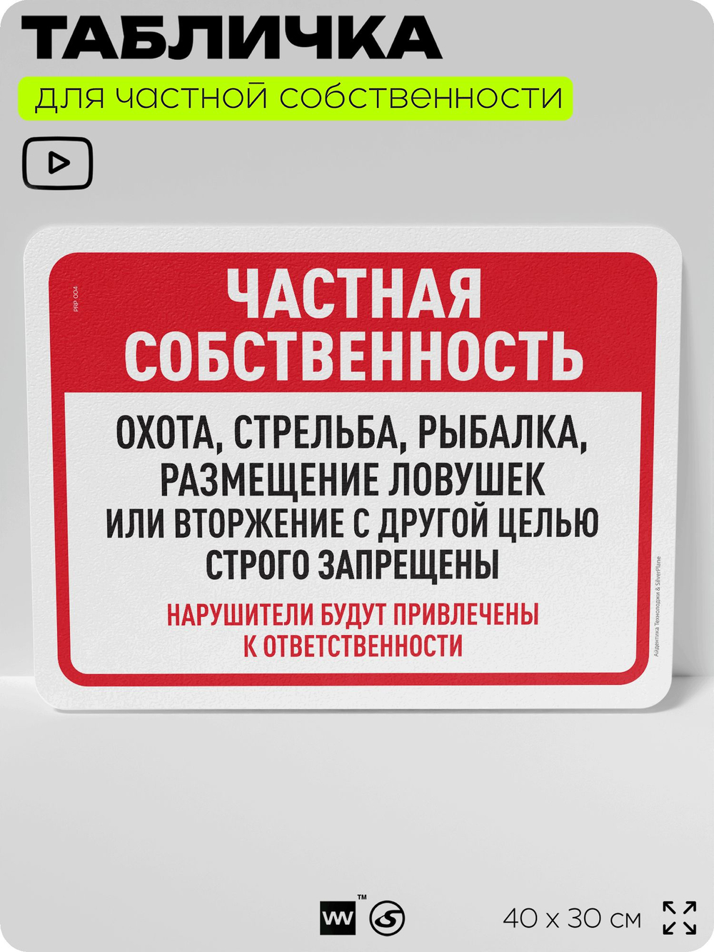 Табличка для частной территории "Частная собственность", на дом, для участка, организаций, предупреждающая, 40х30 см, Silver Plane x Айдентика Технолоджи