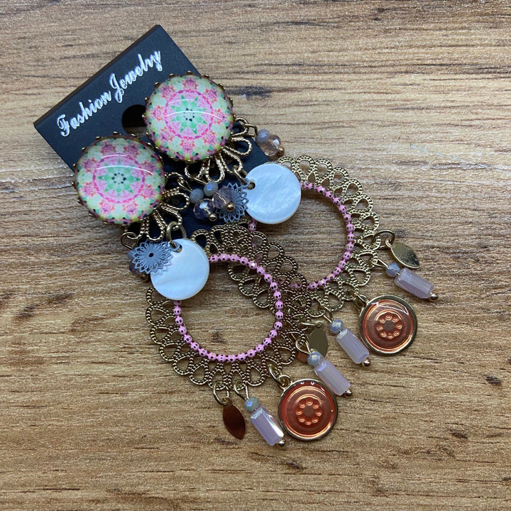 Клипсы Мандала подвеска ажурный круг контур подвески цвет розовый зеленый металл золотистый