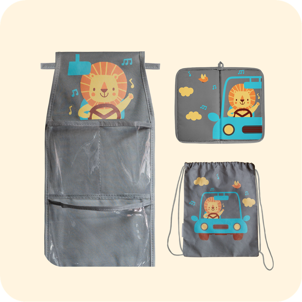 Набор для детского сада: кармашек, коврик, мешок. Львенок в машинке
