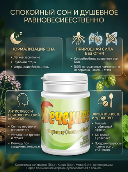Вечернее Валериана + Хмель + Мята (120 драже по 200 мг.)