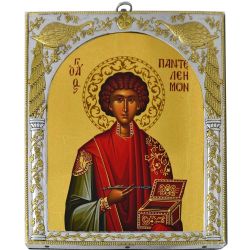 Икона Пантелеймона Целителя в античной серебряной ризе.