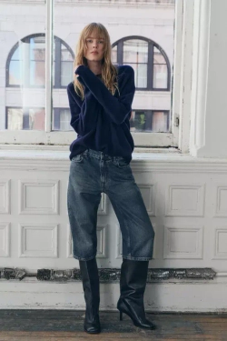 ZARA ОДНОТОННЫЙ СВИТЕР ИЗ 100% КАШЕМИРА, МОРСКОЙ СИНИЙ