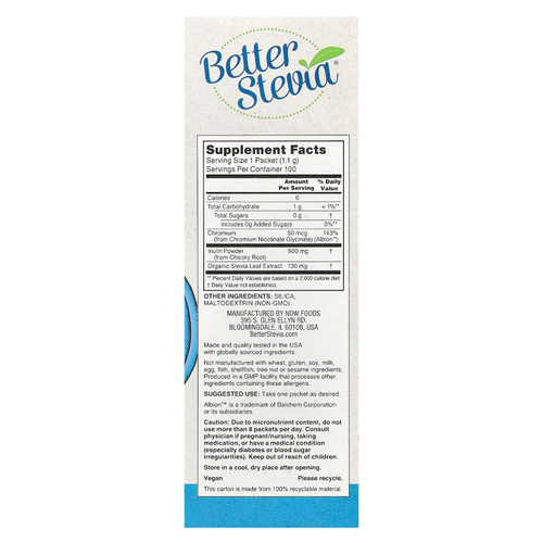 NOW Foods, Better Stevia®, Balance™, с хромом и инулином, 100 пакетиков по 1,1 г (0,039 унции)