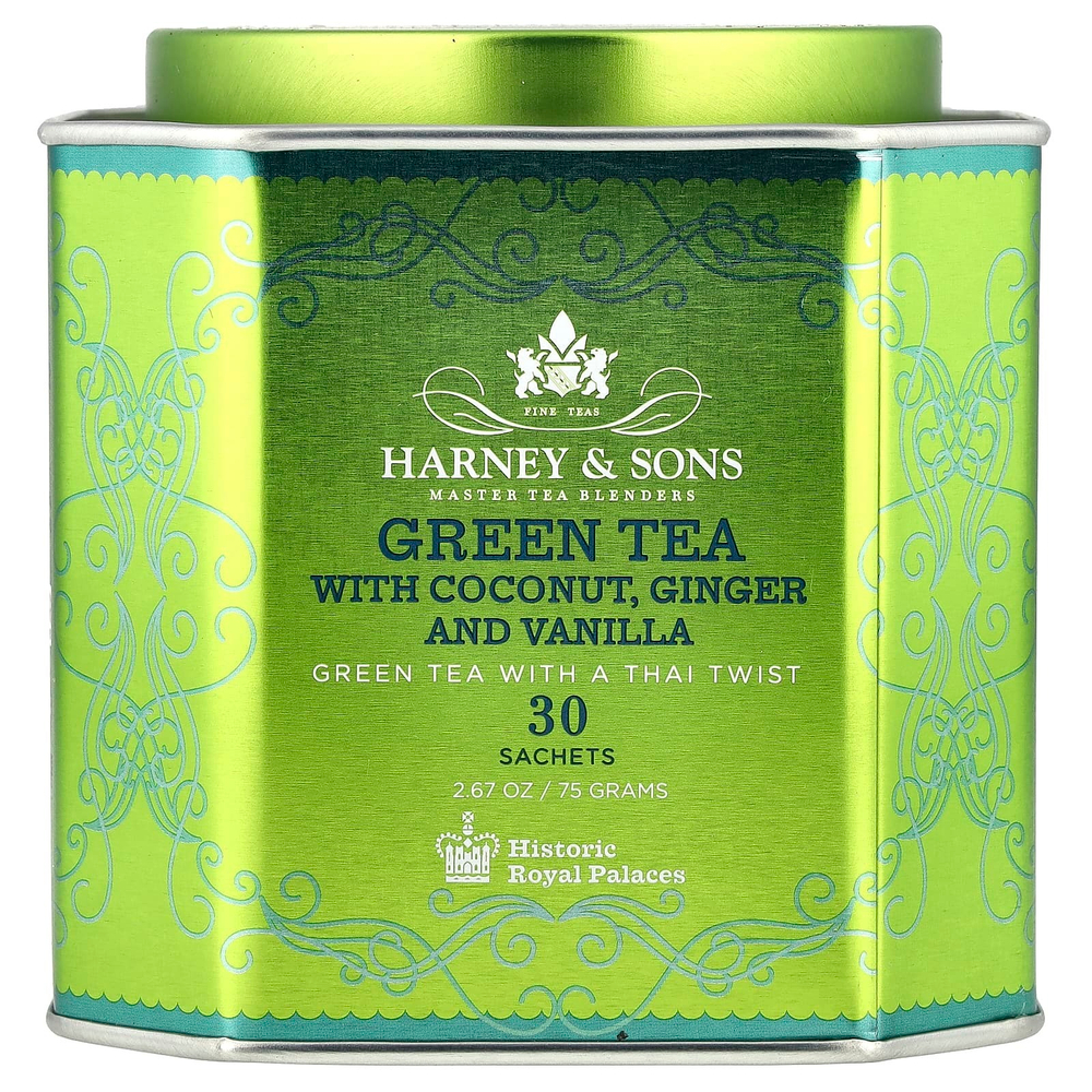 Harney & Sons, зеленый чай с кокосом, имбирем и ванилью, 30 пакетиков, 75 г (2,67 унции)