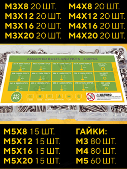 Набор винтов с полукруглой головкой и гаек M3, M4, M5 (440 шт., ISO 7380, DIN 934)