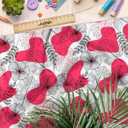 Ткань габардин листья и розовые пятна на белом фоне