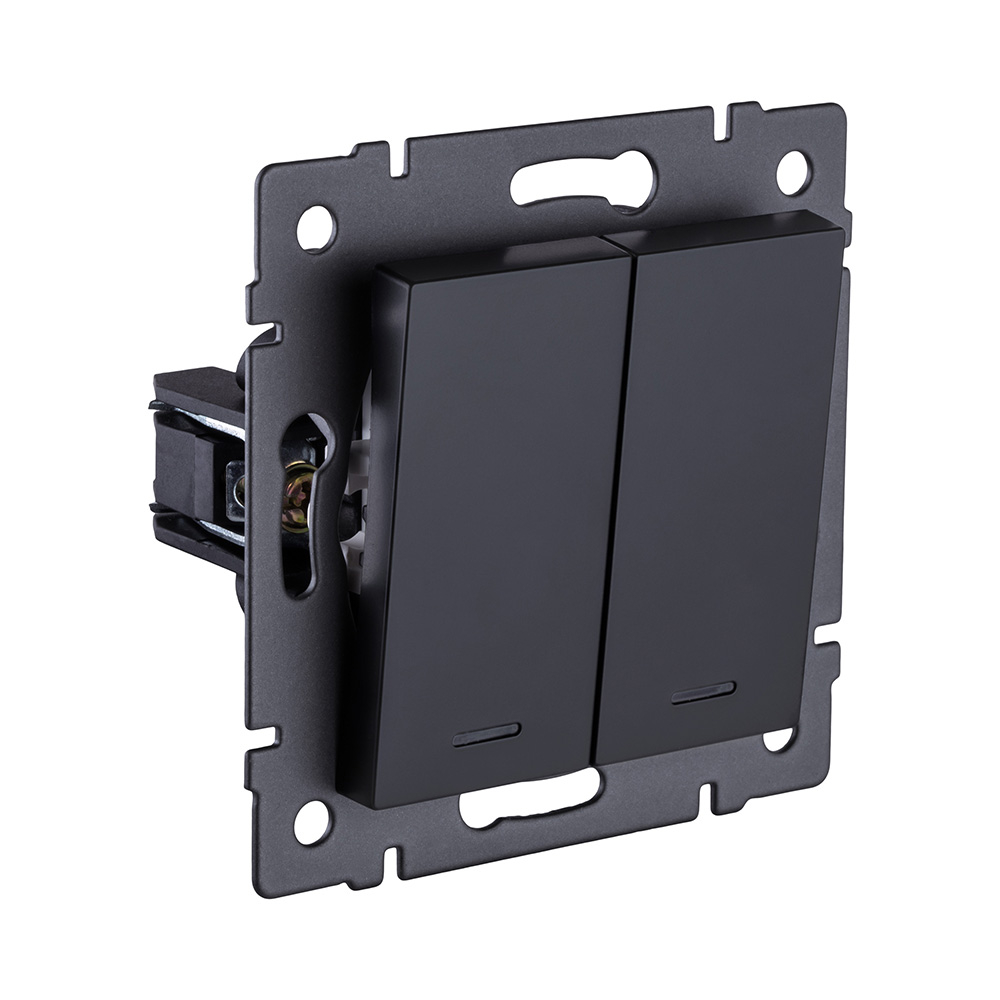 Выключатель 2-клавишный проходной 10А/250В с LED подсветкой, черный матовый Kollinger REA-S-010BM для Aspekt, Eleganz, Reflex