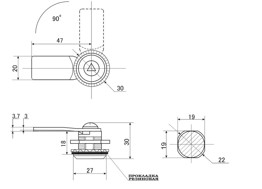 Замок мебельный / щитовой 18 мм, с треугольным ключом, с защитой от проникновения воды и влаги