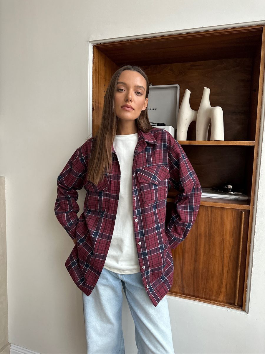 Рубашка из хлопка оверсайз в клетку бордовая