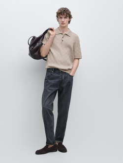 Massimo Dutti Свитер поло из смесового хлопка с узором «косы», песочный