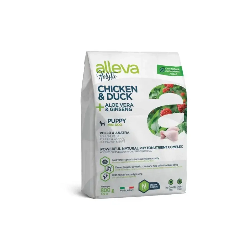 Alleva holistic puppy/junior chicken & duck mini сухой корм для щенков и юниоров с курицей и уткой, алое вера и женьшенем - 800 г