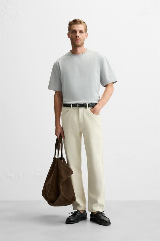 ZARA ФУТБОЛКА HEAVY WEIGHT ИЗ ТКАНИ С ЭФФЕКТОМ ПОТЕРТОСТИ, ЛИНЯЛЫЙ ГОЛУБОЙ