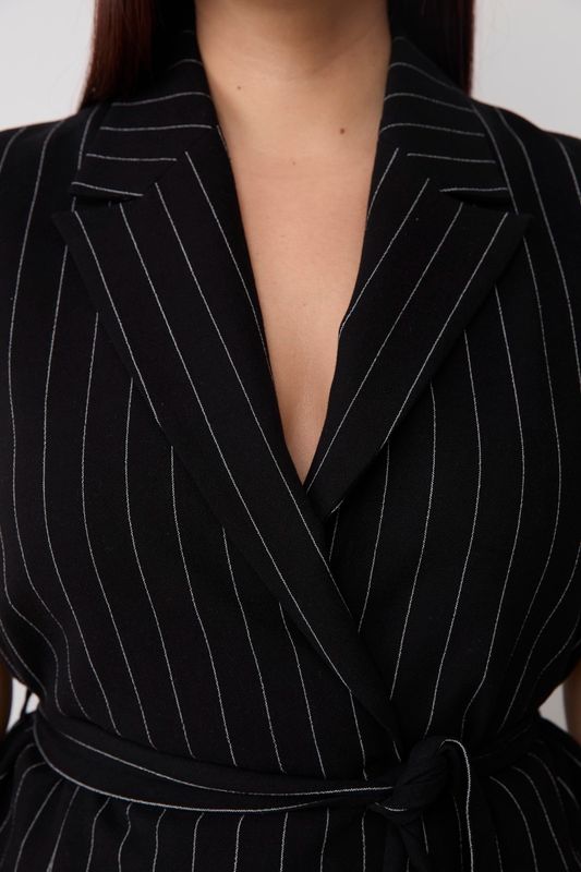 Жилет удлиненный изо льна в полоску, черный