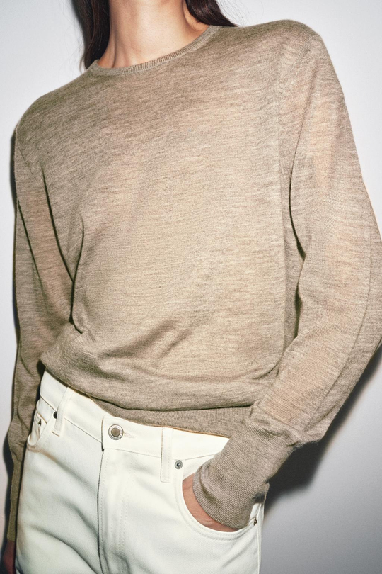 ZARA ТОНКИЙ ДЖЕМПЕР ИЗ 100% КАШЕМИРА, БЕЖЕВЫЙ