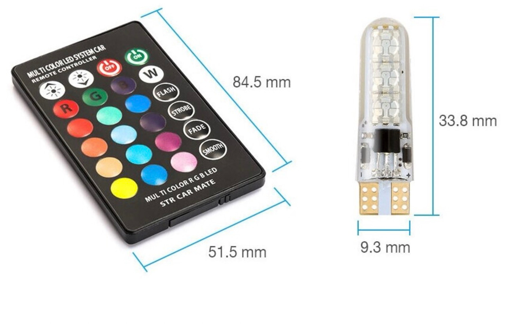 Светодиодная автомобильная лампа T10 W5W RGB. В передние и задние габариты, подсветка номера, подсветка салона. (2 шт. / комплект.) -
