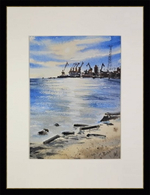 Картина авторская акварельная в паспарту 21*30 см на стену для интерьера "Зимний рассвет на портом в Таганроге"