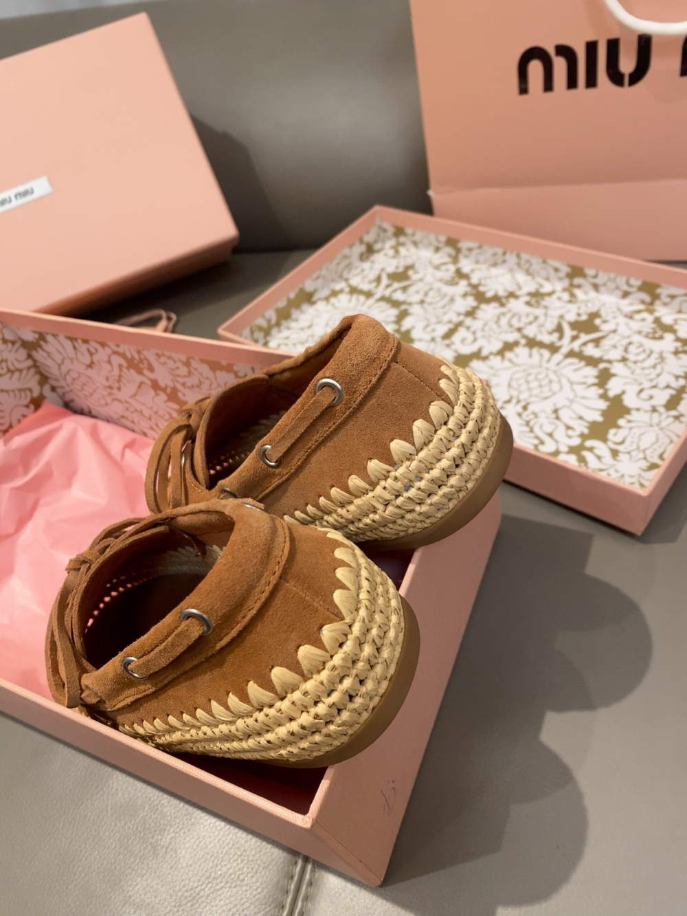 Miu Miu Suede and Raffia Boat Shoes (3 colors)
