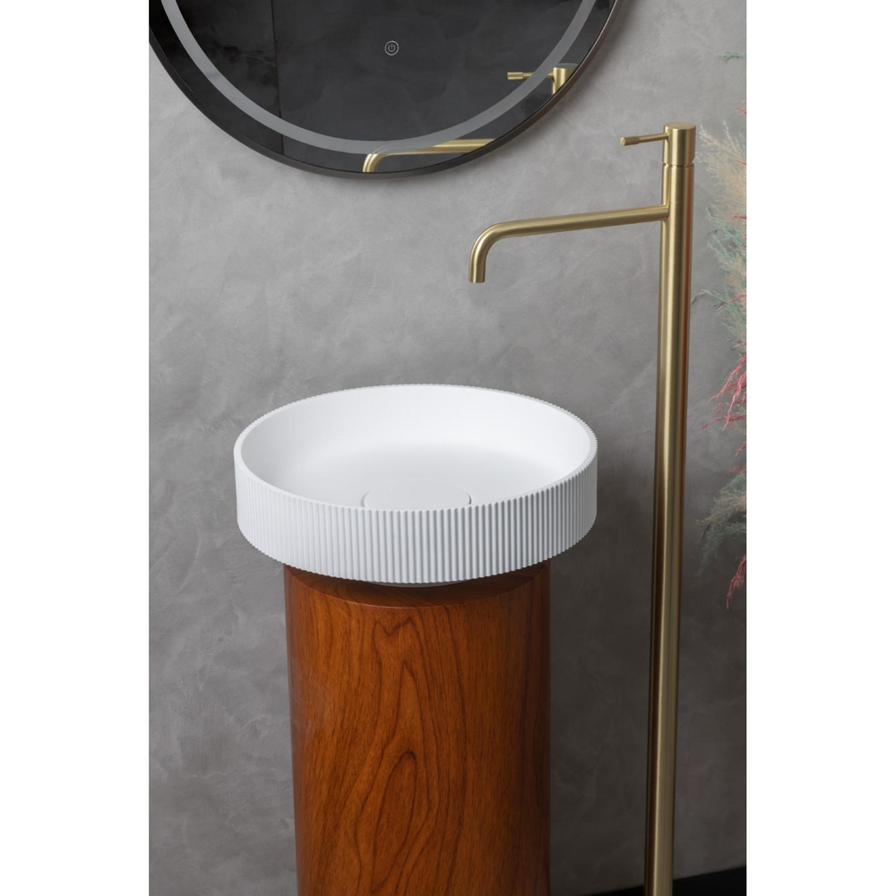 Раковина накладная рифленая Boheme Sole Corian 400*130 Matte white, с пьедесталом Corian 300*720 Red Wood