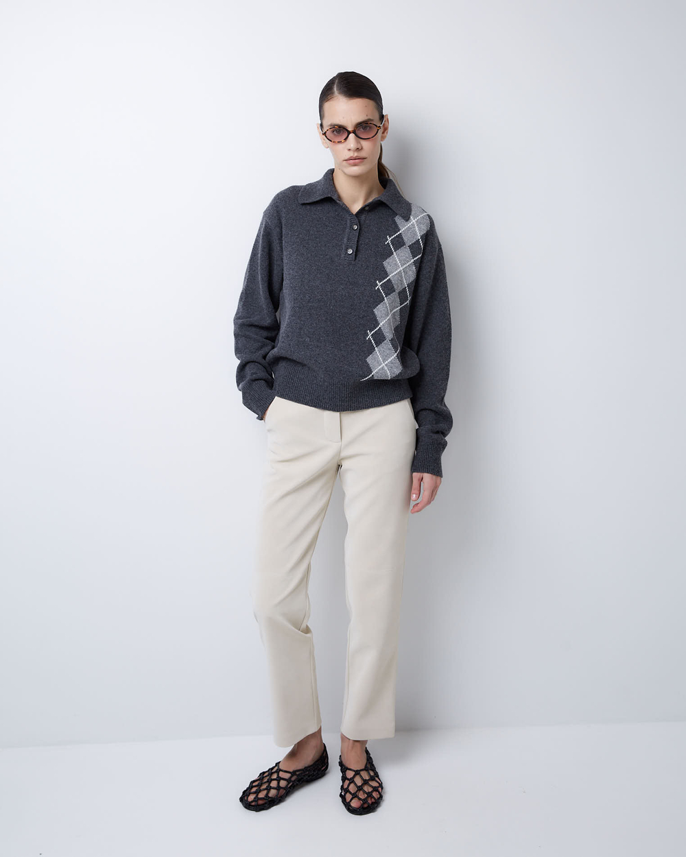 Поло из смесового кашемира ромбы темно-серый