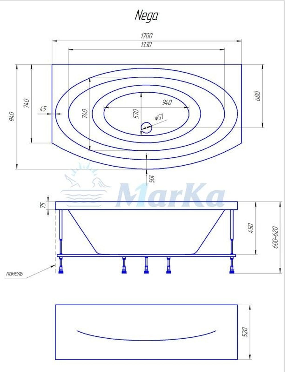 Акриловая ванна 1Marka Nega 170*94 прямоугольная из каталога Ванны акриловые