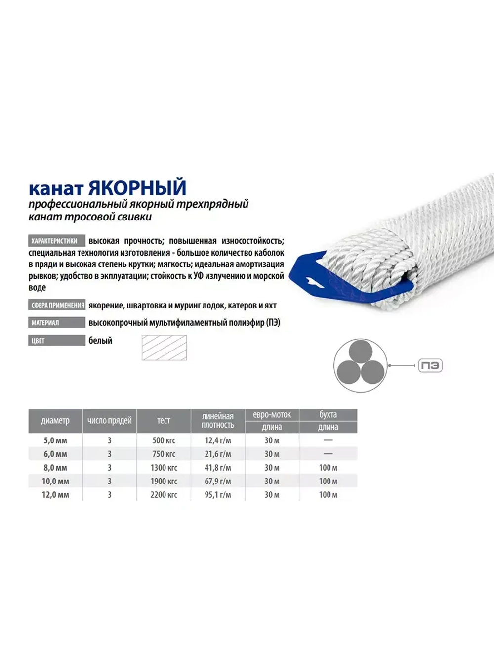 Швартовый трос ЯКОРНЫЙ 8,0 мм, белый,100 м, бухта