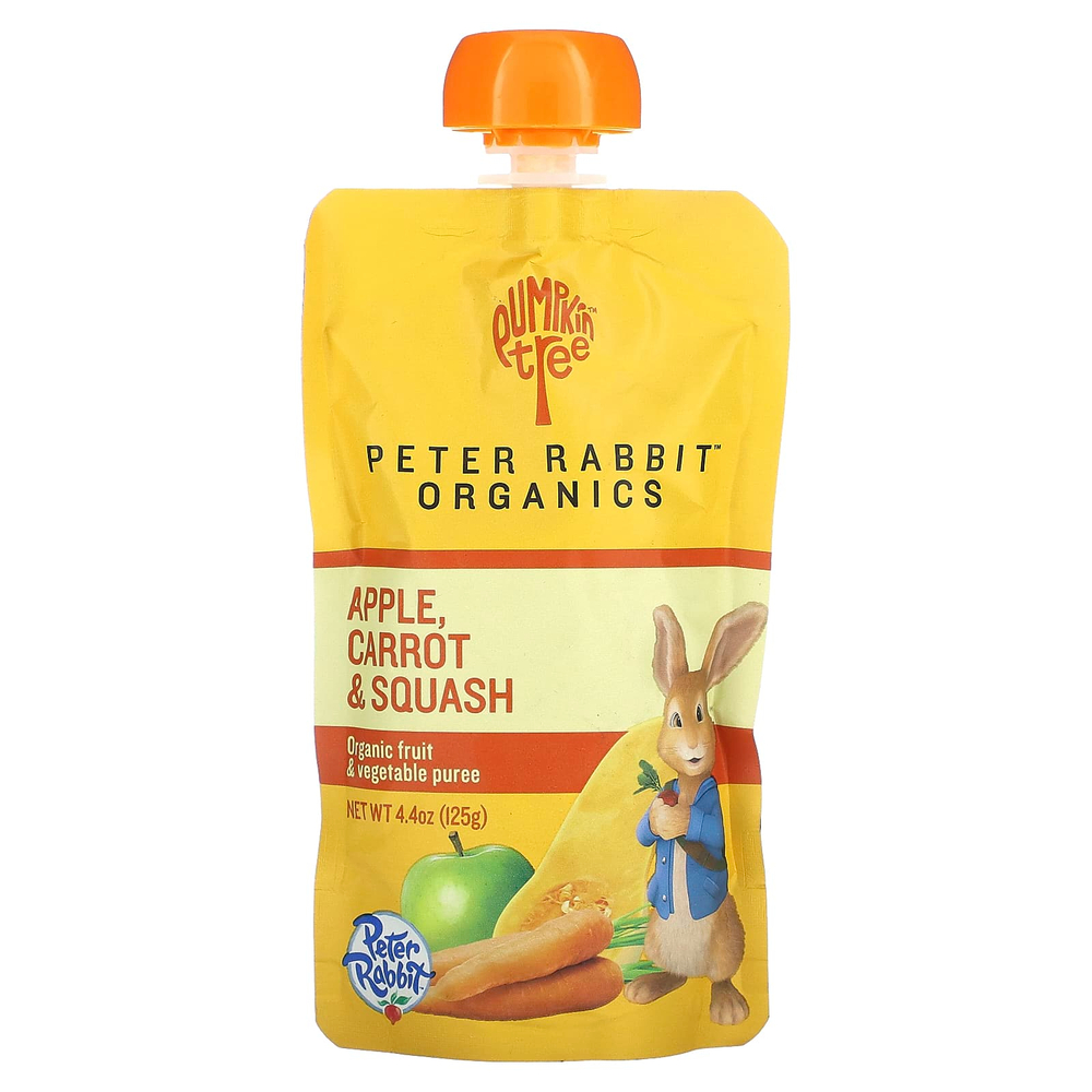 Pumpkin Tree Organics, Peter Rabbit Organics, органическое фруктовое и овощное пюре, яблоко, морковь и тыква, 125 г (4,4 унции)