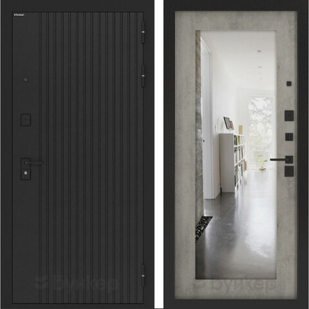 Входная металлическая дверь с зеркалом Бункер HIT Хит B-06 черный кварц / зеркало в рамке ФЛЗ - 603 Бетон светлый