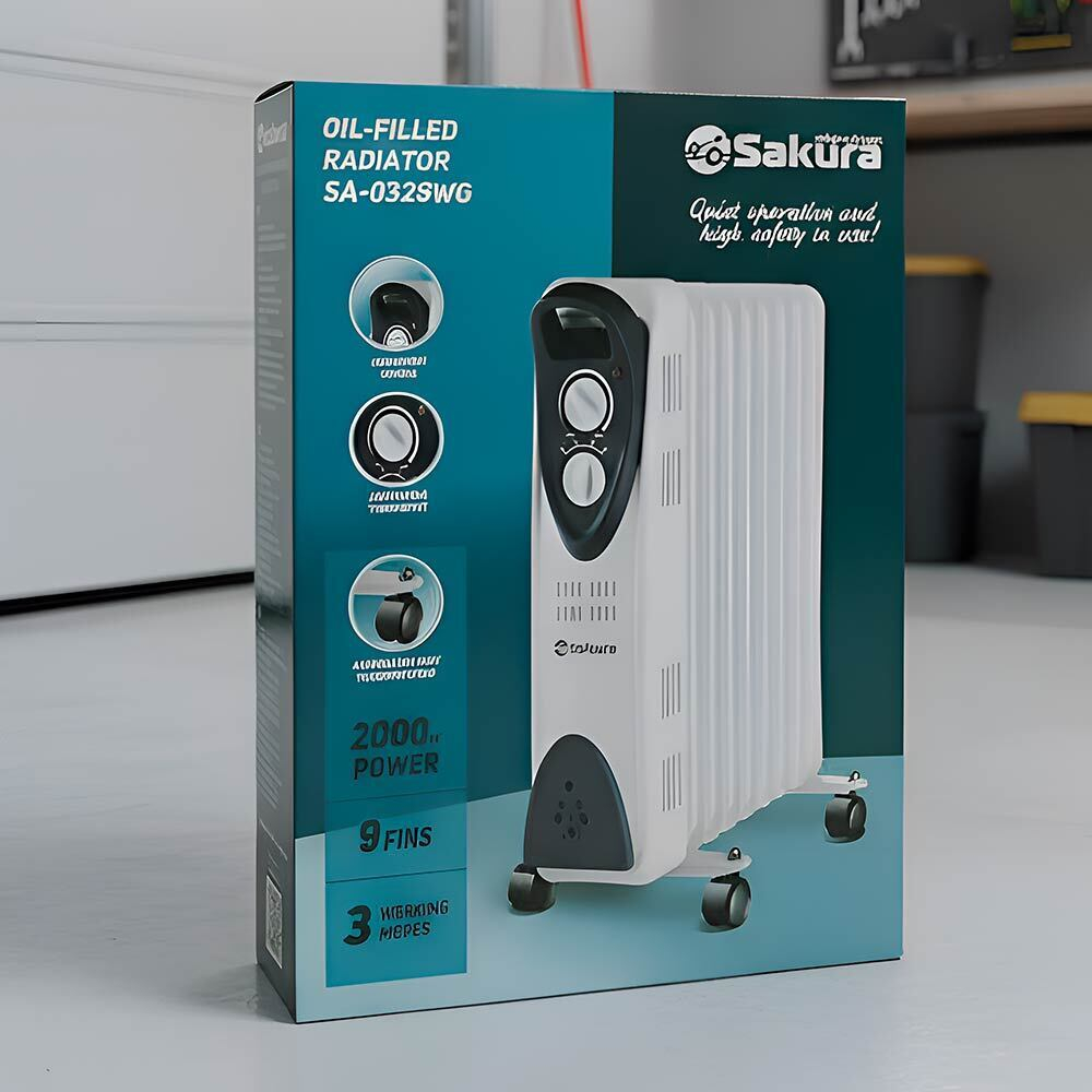 Радиатор масляный Sakura SA-0329WG, 9 секций, 2000Вт, белый/серый