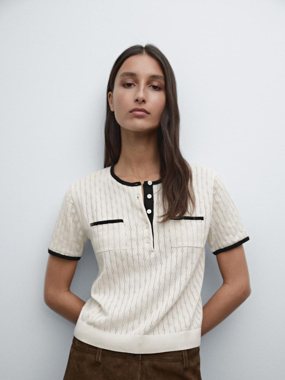 Massimo Dutti Свитер из ажурного трикотажа, натуральный