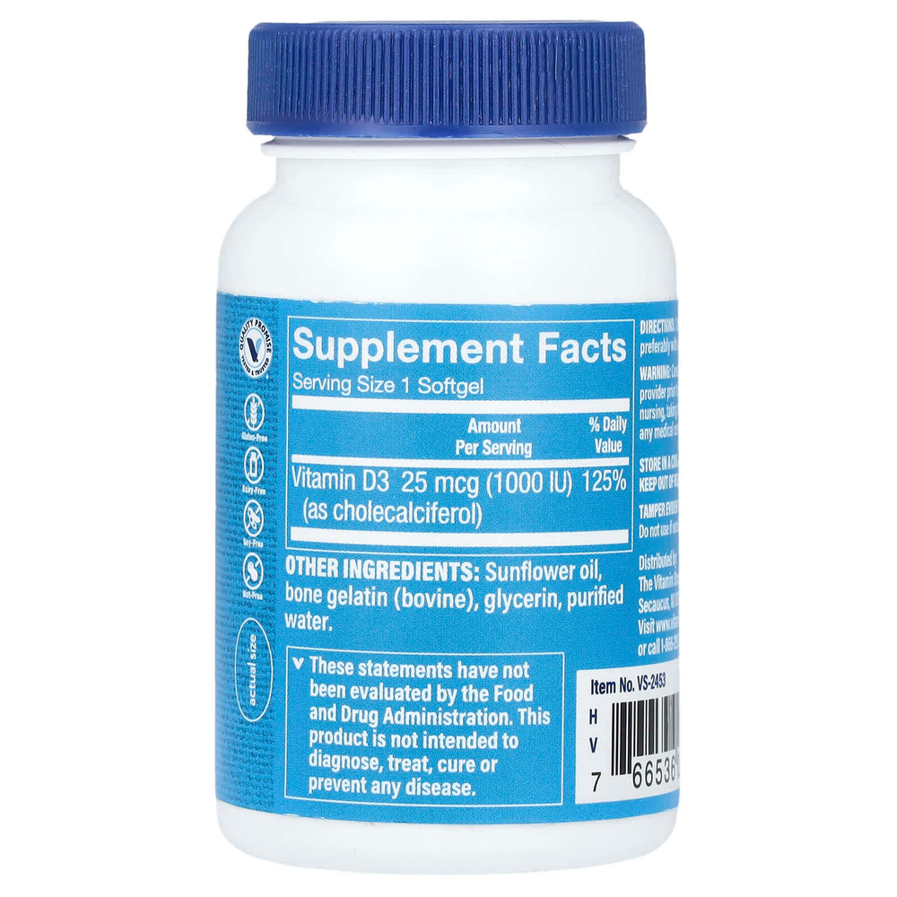 The Vitamin Shoppe, Витамин D3, 25 мкг (1000 МЕ), 100 мягких таблеток
