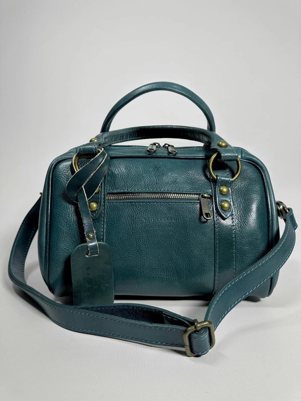 Женская сумка-саквояж из натуральной кожи цвета морской волны