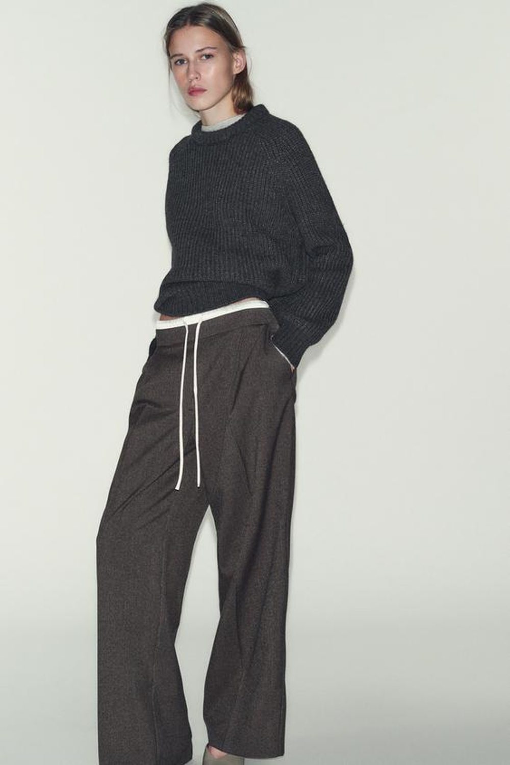 ZARA ШИРОКИЕ БРЮКИ С ДВОЙНЫМ ПОЯСОМ «ГУСИНАЯ ЛАПКА», ТЕМНО-КОРИЧНЕВЫЙ